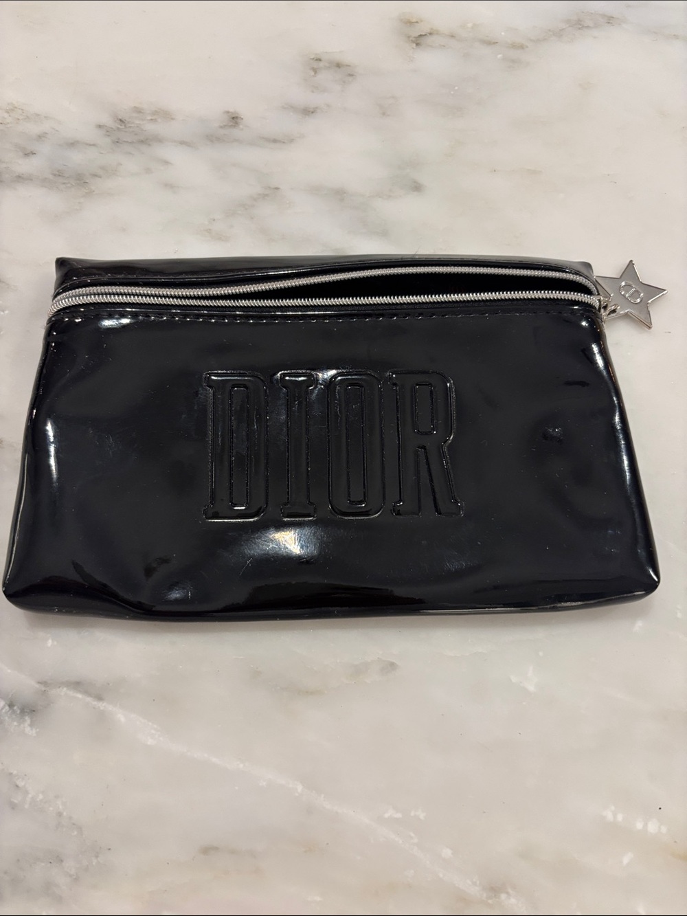 Dior Black Patent Leather Cosmetic Pouch with Star Zip Pull